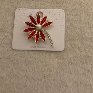 Red Enamel Floral Brooch with Pearl and Crystals